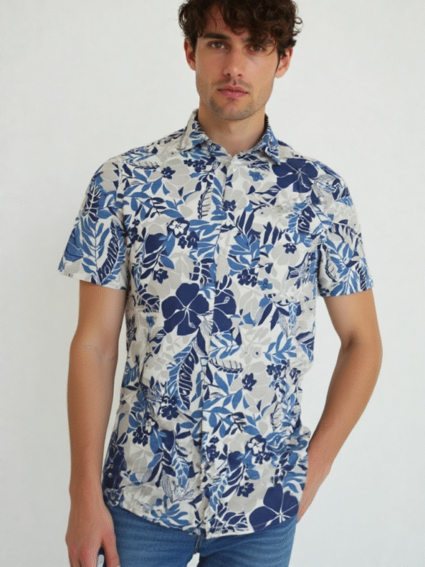 Half Sleeves Printed Mill-Made Cotton linen Shirt